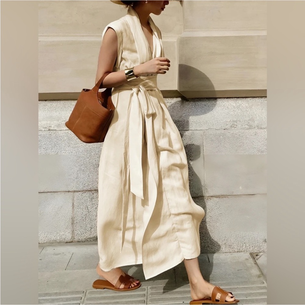 Commense Wrap Dress Cream Khaki Belt Long Cotton Linen Boho SZ L NEW